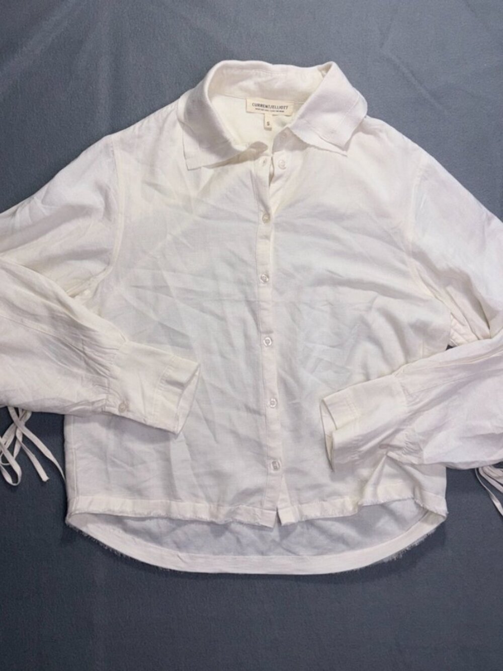 Current/Elliott White Collared Fringe Detail Blouse with Ties True Hemp Boho S - Picture 2 of 8